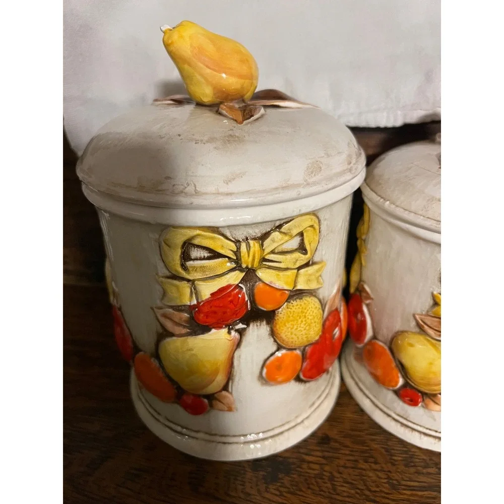 VTG Napcoware Japan 4 Piece Ceramic Fruit Canister Set Cream Grannycore